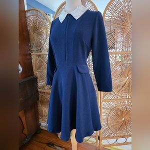 NWT Tara Jarmon Navy And White Beaded Peter Pan Collar A Line Midi Dress Size 38